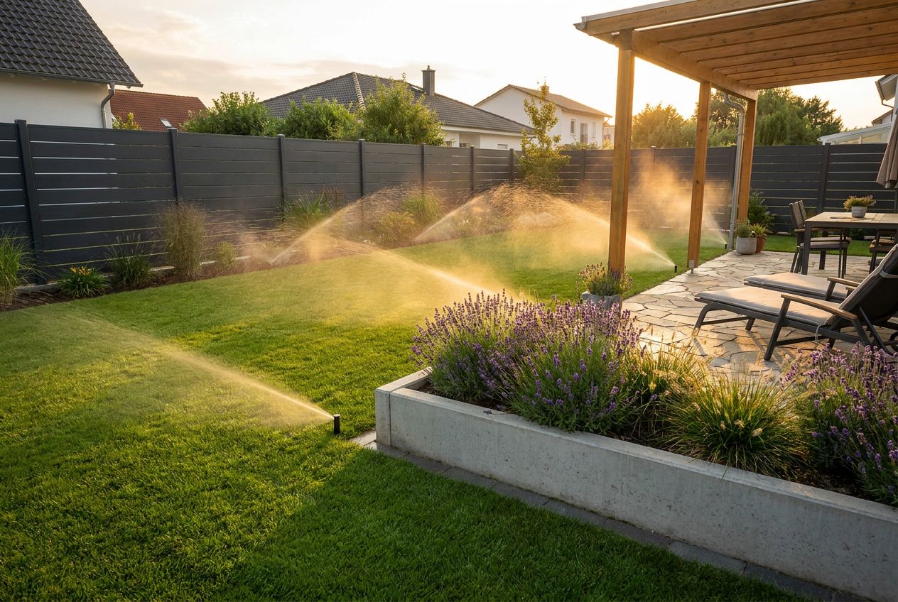 Sattgrüner Garten mit laufenden Versenkregnern im goldenen Abendlicht
