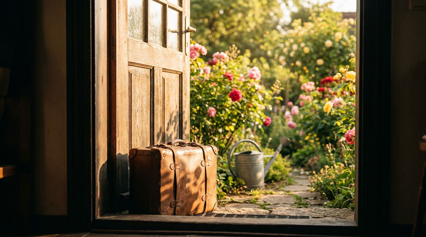 Gepackter Koffer vor der Haustür, Garten im Hintergrund