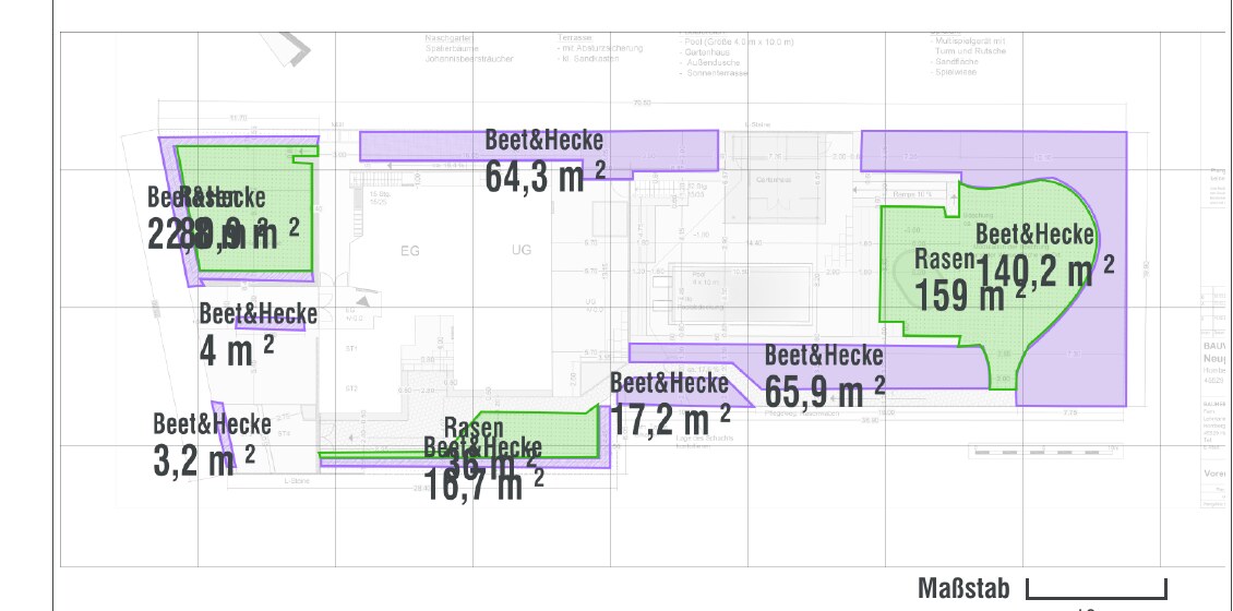 Installationsplan, Blatt I: alle Rasen- und Beetflächen einzeln vermessen, 610,2 m² Gesamtfläche