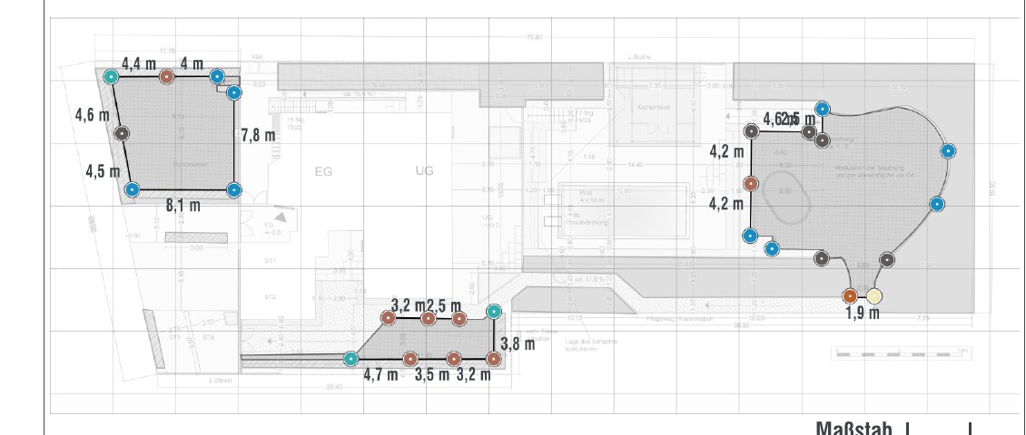 Installationsplan, Blatt II: Regnerpositionen mit sechs Regnertypen und Maßangaben
