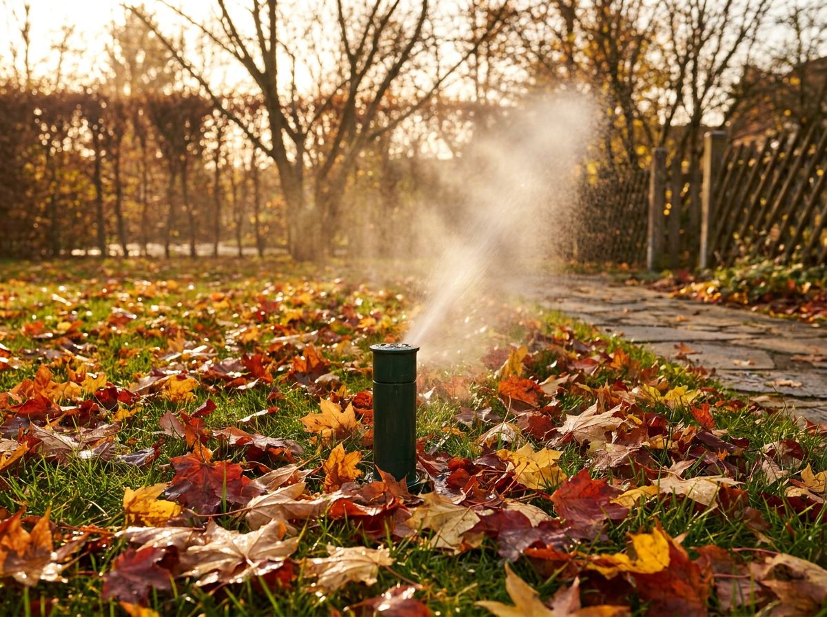 Winterentleerung im Herbst: Versenkregner bläst feinen Nebel aus, Herbstlaub auf dem Rasen