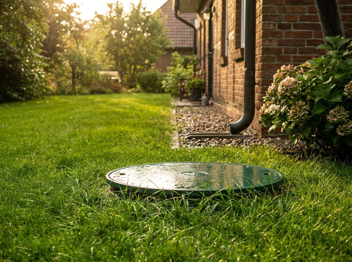 Zisternendeckel im Rasen nach Sommerregen — Regenwasser als Gießwasser-Quelle